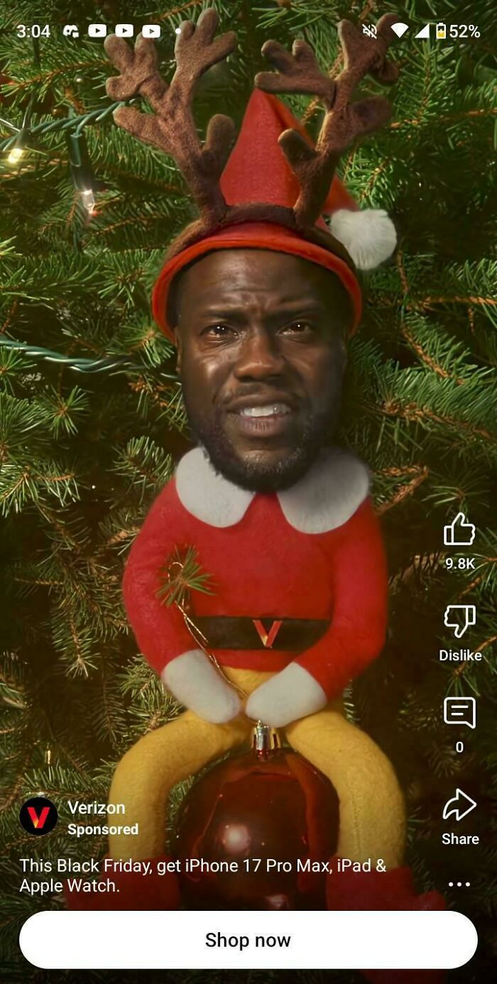A funny image of Kevin Hart's head on an elf's body with antlers, promoting Verizon, related to funny commercials.