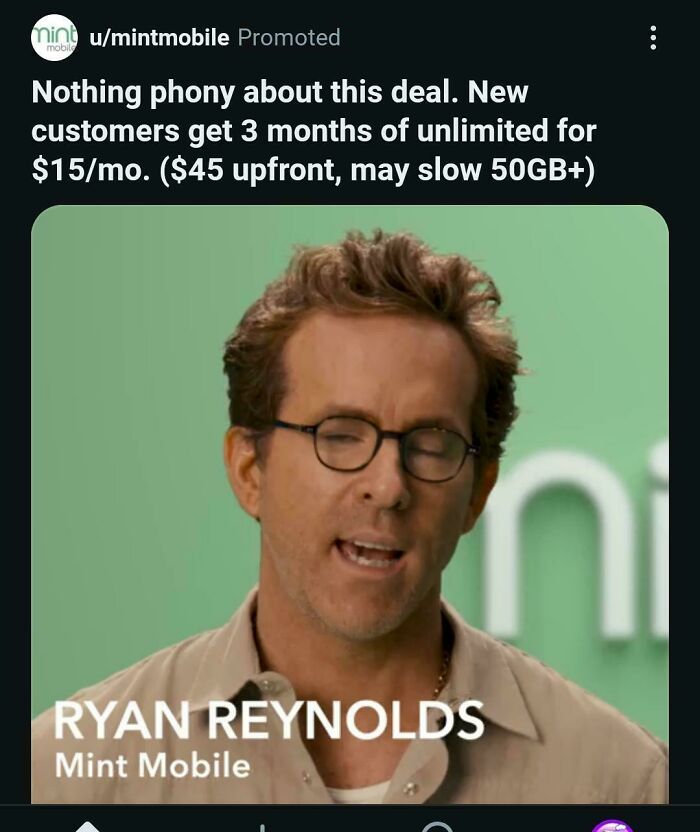Ryan Reynolds wearing glasses, promoting Mint Mobile, an example of commercials people can't stand.
