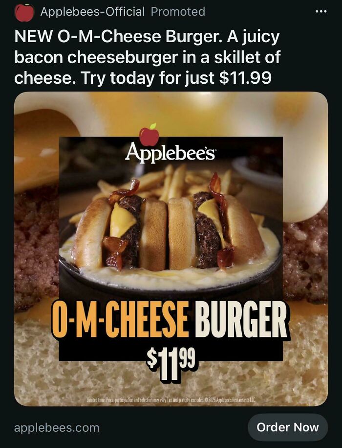 An Applebees ad for the O-M-Cheese Burger, a juicy bacon cheeseburger, one of the commercials people cant stand.