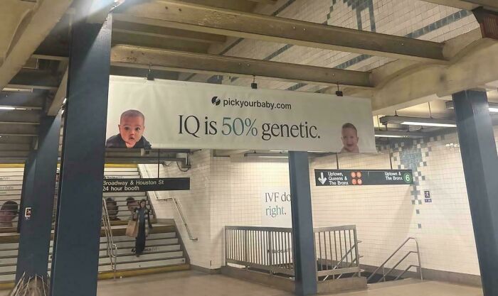 A subway advertisement banner for pickyourbaby.com, IQ is 50% genetic, a commercial people cant stand.