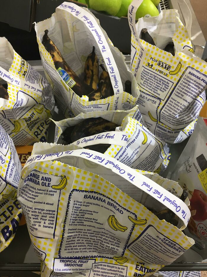 Bags of overripe bananas labeled for banana bread, a simple and genius idea to solve food waste.