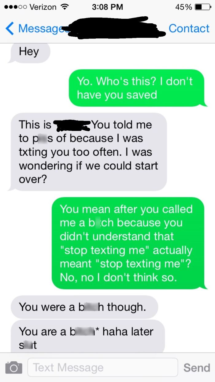 A screenshot of a dating text conversation showing a bad exchange where someone was called a bad word.