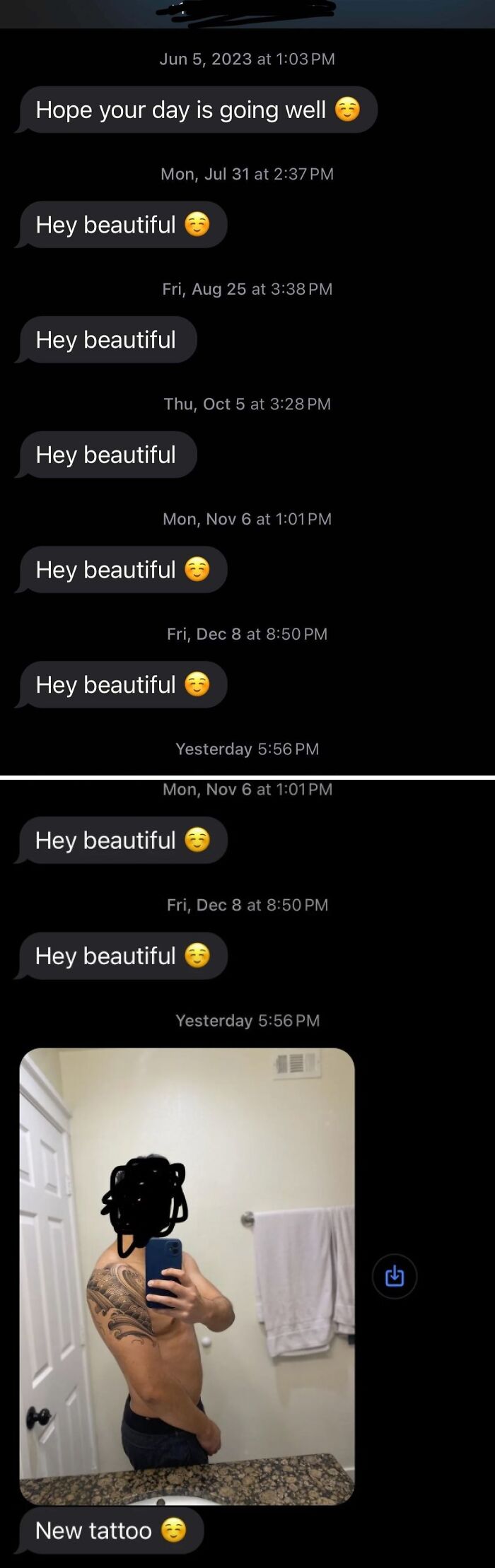 A screenshot of dating texts showing a user repeatedly sending 'Hey beautiful' and a shirtless photo.