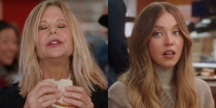 A split image showing actress Meg Ryan enjoying a sandwich and actress Sydney Sweeney looking surprised, depicting commercials people can't stand.