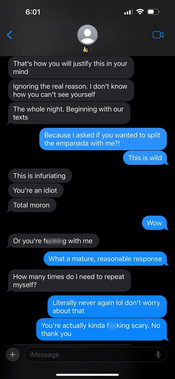 A screenshot of bad dating texts, showing a heated argument over splitting food and offensive language.