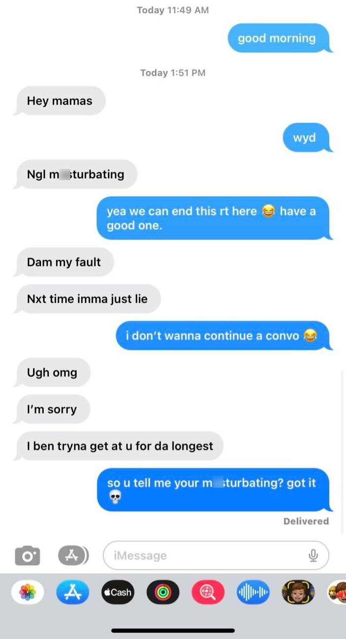 A screenshot of bad dating texts, where one person inappropriately reveals they are masturbating.