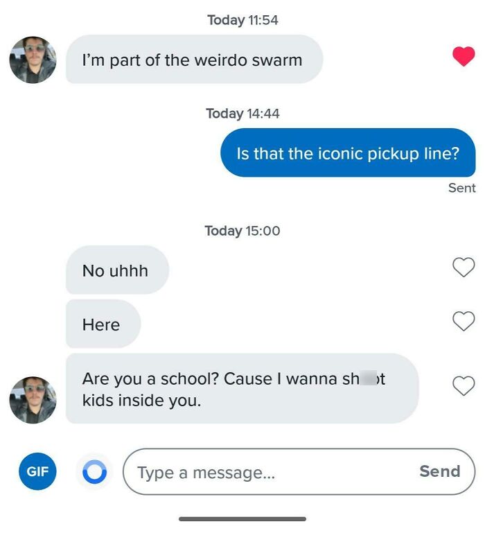 A screenshot of a dating text message with a violent and offensive pickup line, illustrating bad dating texts.