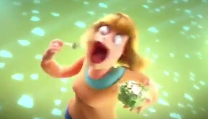Animated woman with exaggerated expression eating, from a memorable commercial.