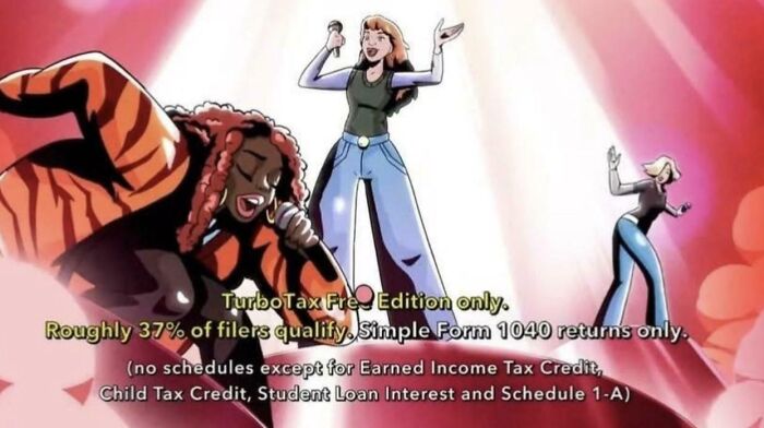 Animated women singing on stage, an image from commercials people can't stand.