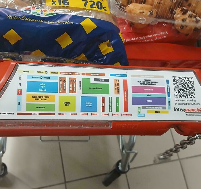 A supermarket shopping cart with a detailed map of store sections on its handle, a clever solution for everyday problems.