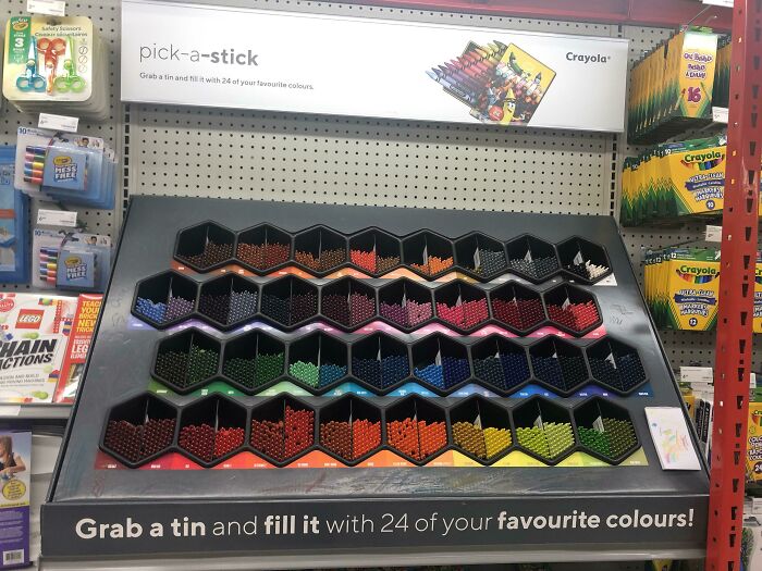 A display of Crayola crayons allowing customers to pick their favorite colors, an example of simple, genius business ideas.