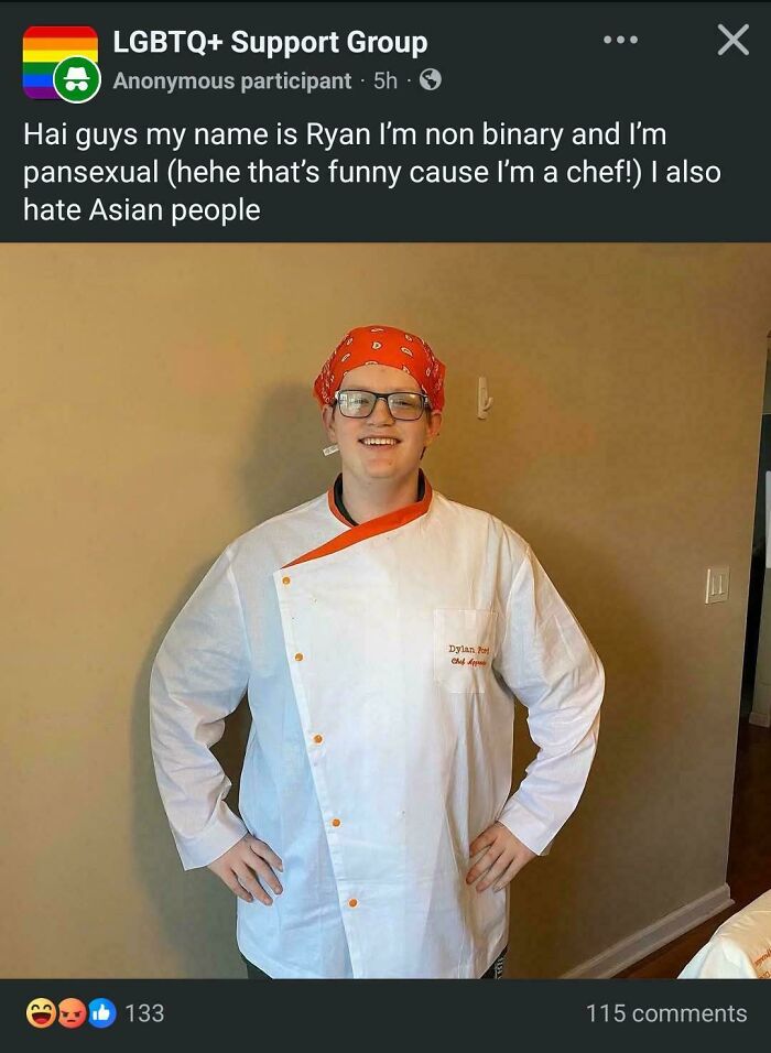 An unhinged post from an LGBTQ+ support group, where someone shares their identity and then expresses hatred.