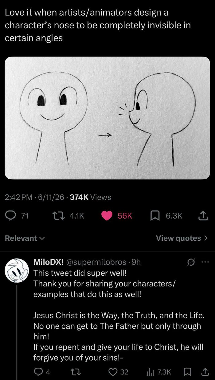 A tweet about unhinged character design with invisible noses and a reply sharing religious text.