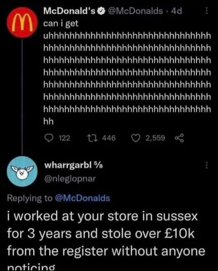 A screenshot of unhinged social media shares, including a McDonald's tweet and a reply about stealing money.