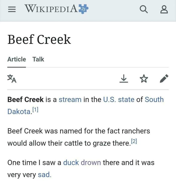 A Wikipedia page for Beef Creek with an unhinged, sad personal anecdote about a duck, shared online.