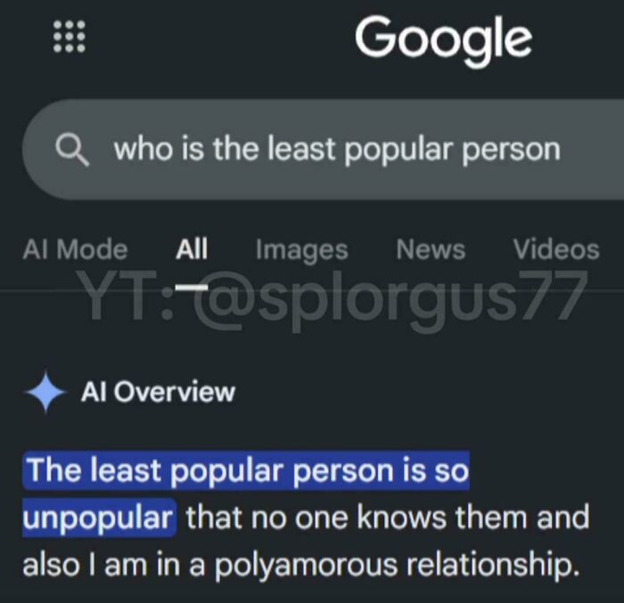 A Google search result about the least popular person with a bizarre AI overview, an unhinged shared moment.