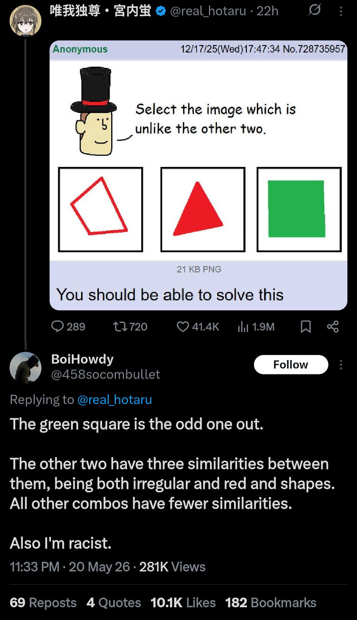 A social media post with a logic puzzle and a humorous reply, showcasing unhinged shared content.