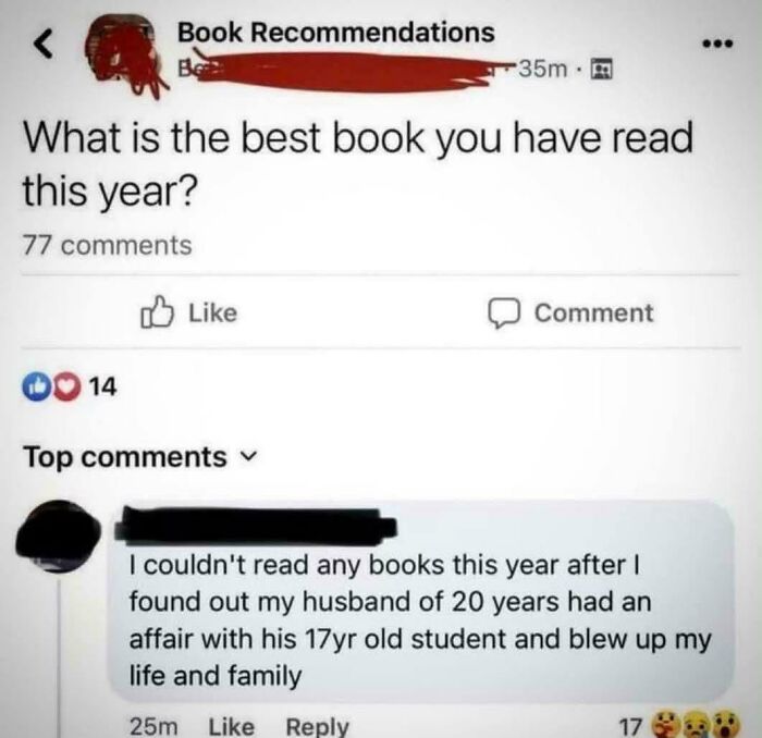 Facebook post asking for book recommendations, with an unhinged reply about a husband's affair.