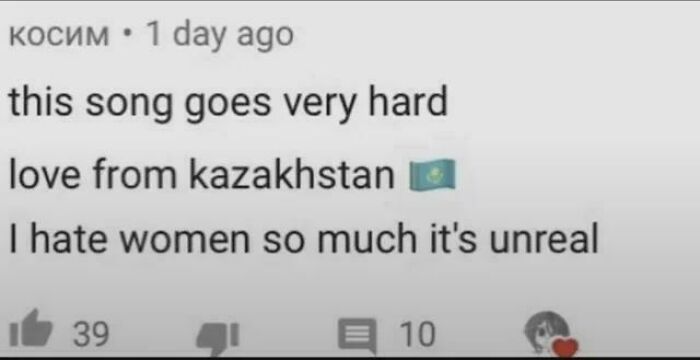 YouTube comment with an unhinged and contradictory statement: 'this song goes very hard... I hate women so much'.