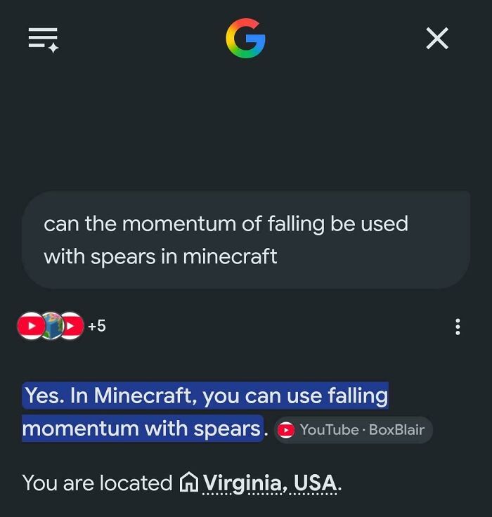 Screenshot of a Google search about Minecraft spear momentum, an unhinged thing people shared.
