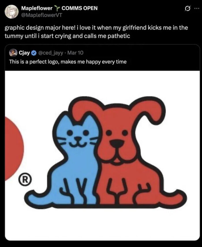 A tweet sharing unhinged things about graphic design and an unusual relationship, featuring a logo of a cat and dog.
