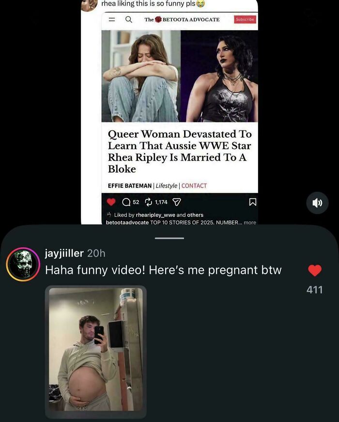 An Instagram post showing a person with a large belly, sharing unhinged things even though no one asked.