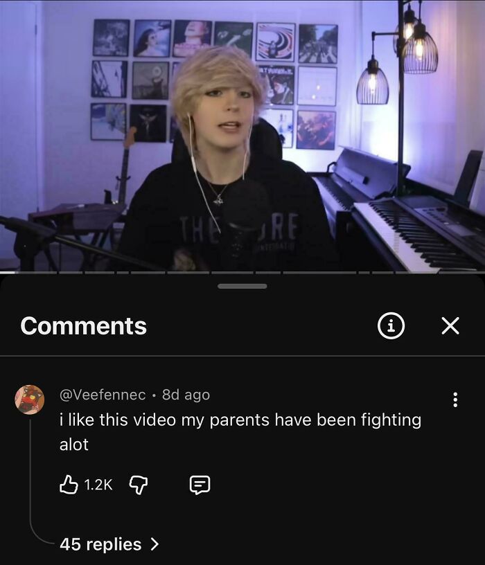 Unhinged things shared: a YouTube comment on a video, stating I like this video my parents have been fighting alot.