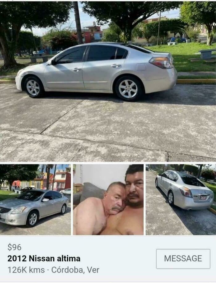 Unhinged things shared: a 2012 Nissan Altima for sale with a surprising image of two men cuddling.