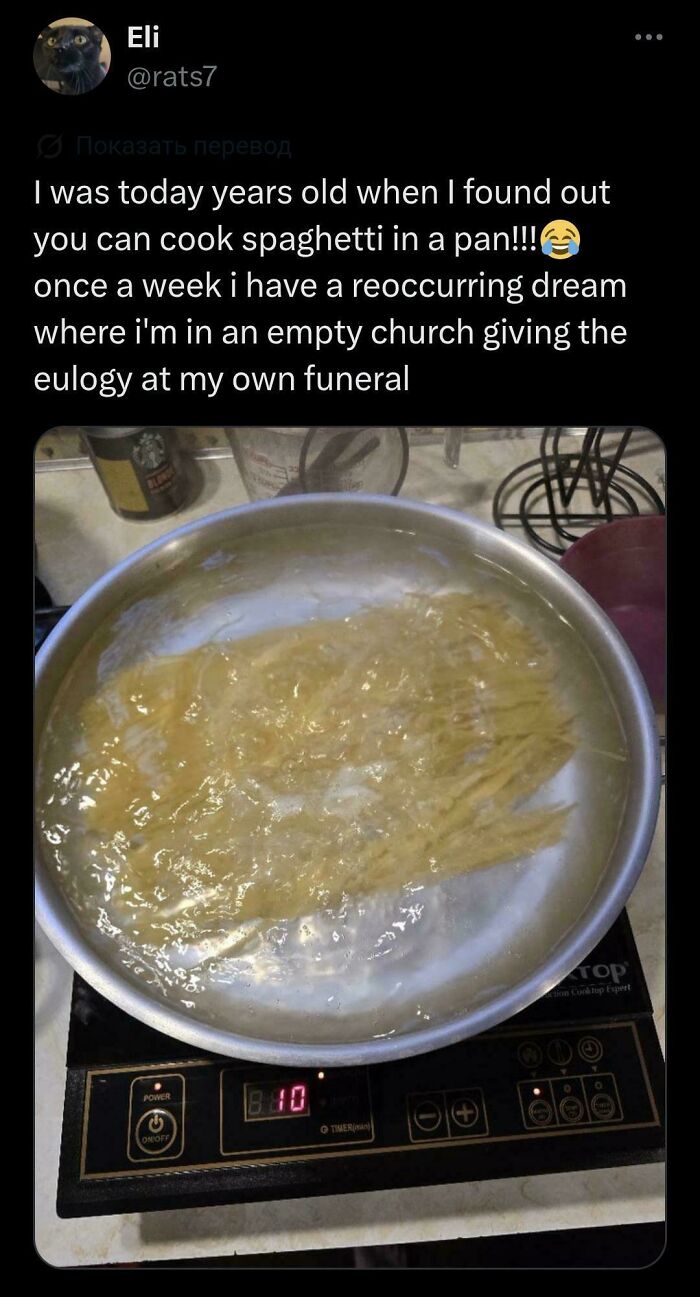 Unhinged things shared: a person cooking spaghetti in a small pot, unaware of the proper cooking method.