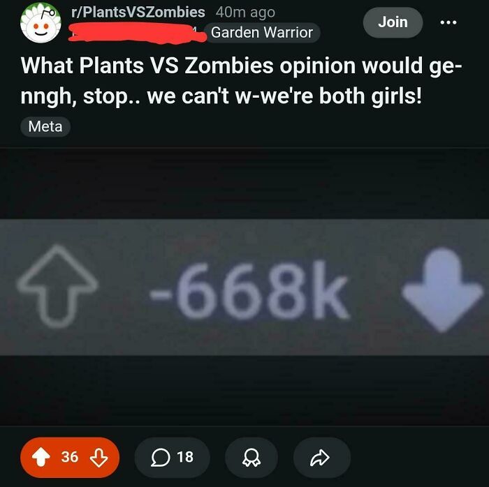 A Reddit post about Plants VS Zombies with heavily downvoted comments, showing unhinged things people shared.