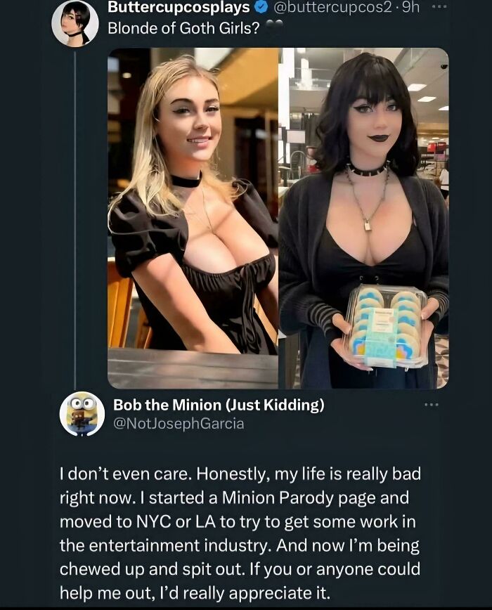 Tweet displaying two women, labeled Blonde of Goth Girls?, with a comment below about unhinged things people shared.