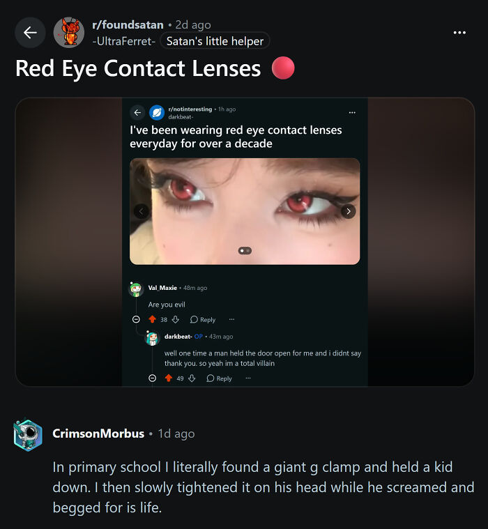 An unhinged social media post discussing red eye contact lenses and a disturbing story in the comments.