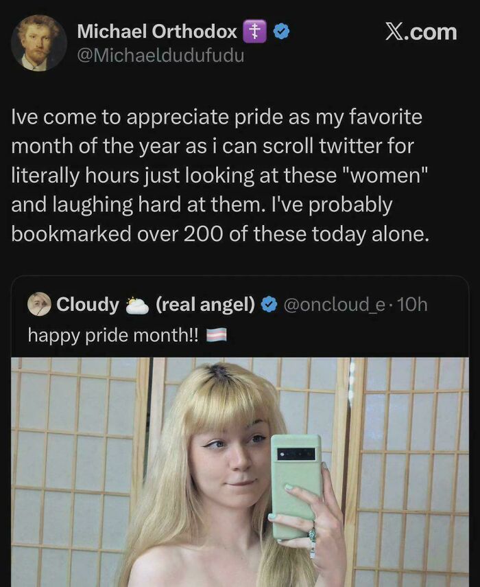 A social media post with unhinged content, showing a person holding a phone and celebrating pride month.
