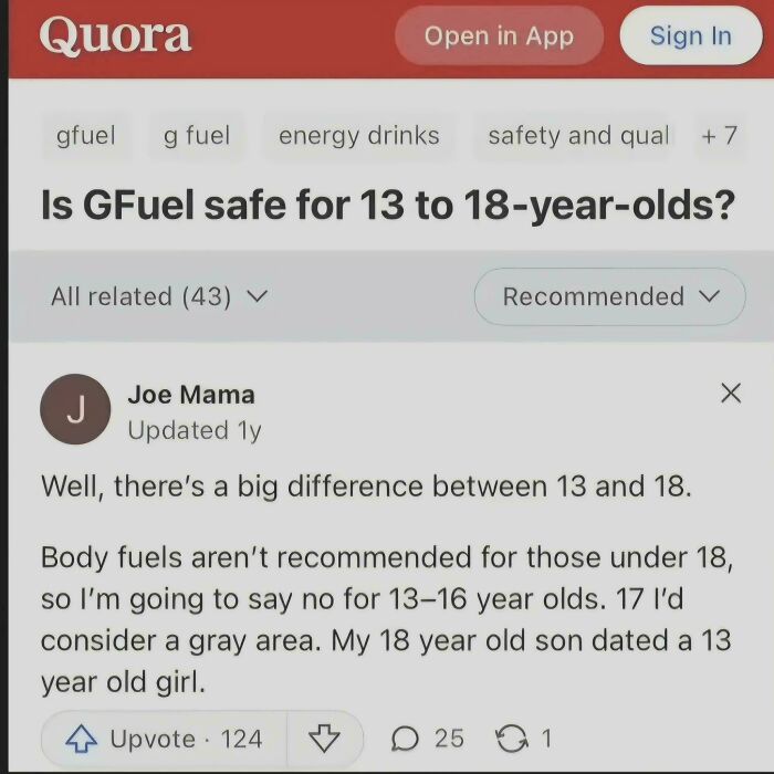 A Quora post with an unhinged answer from Joe Mama regarding the safety of GFuel for teenagers.