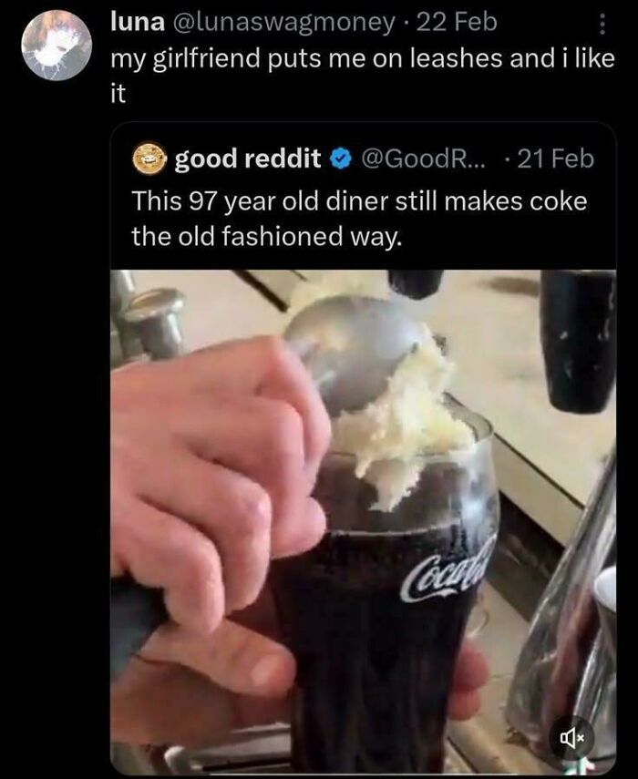 An unhinged tweet describes a girlfriend using leashes, shown above a video of a diner making a classic coke.