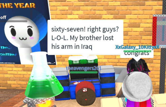 A Roblox player shares an unhinged detail about their brother losing an arm in Iraq, even though no one asked.