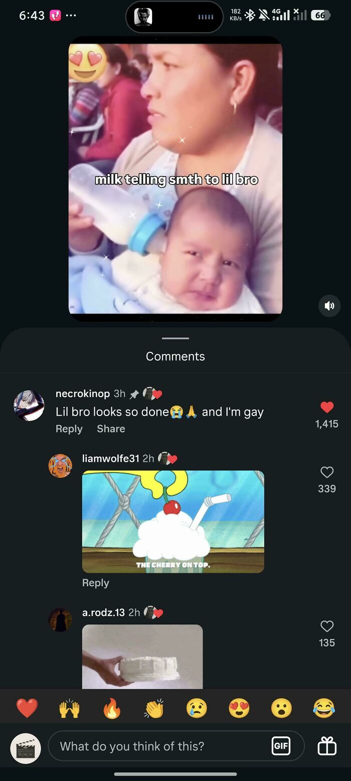 A video of a baby being fed milk, with unhinged comments about the baby's expression.