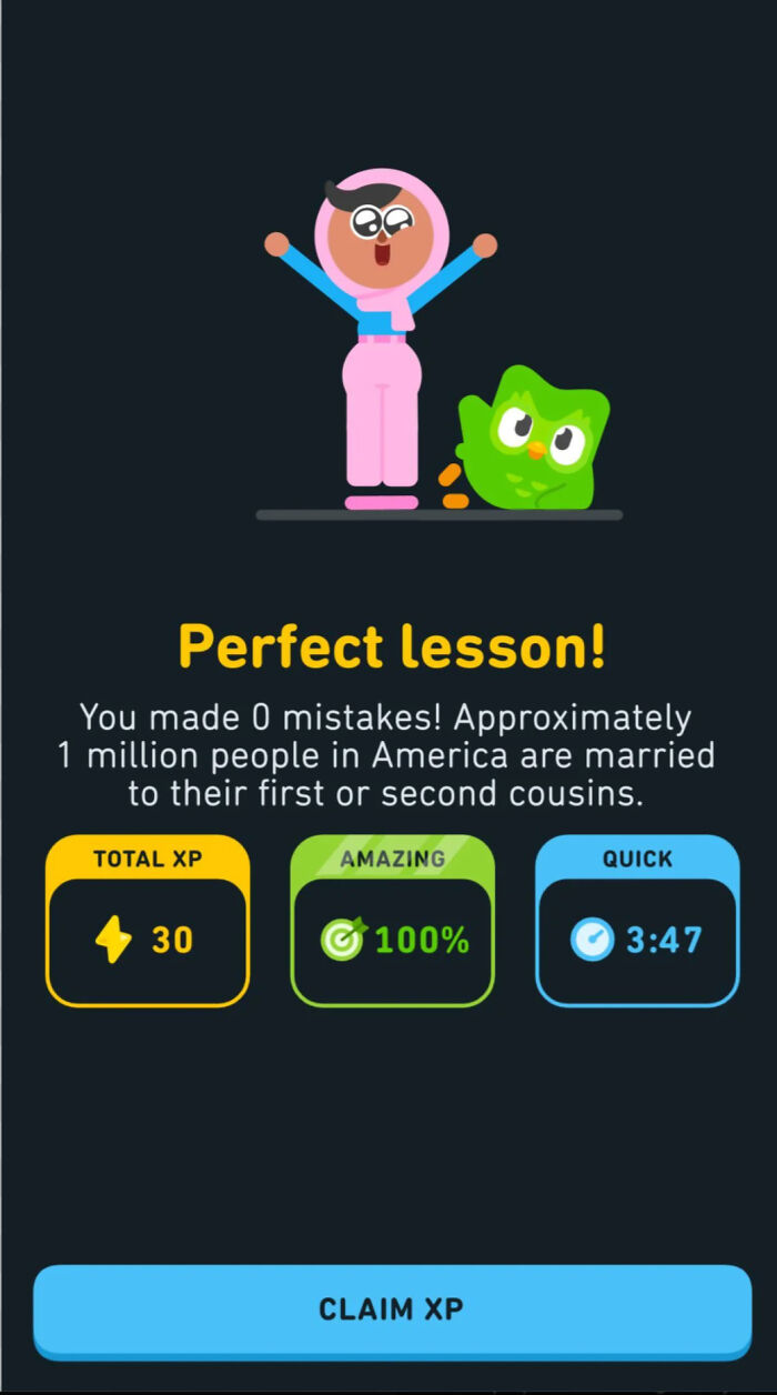 A Duolingo 'Perfect lesson' screen with an unhinged fact about marriage, shared by someone.