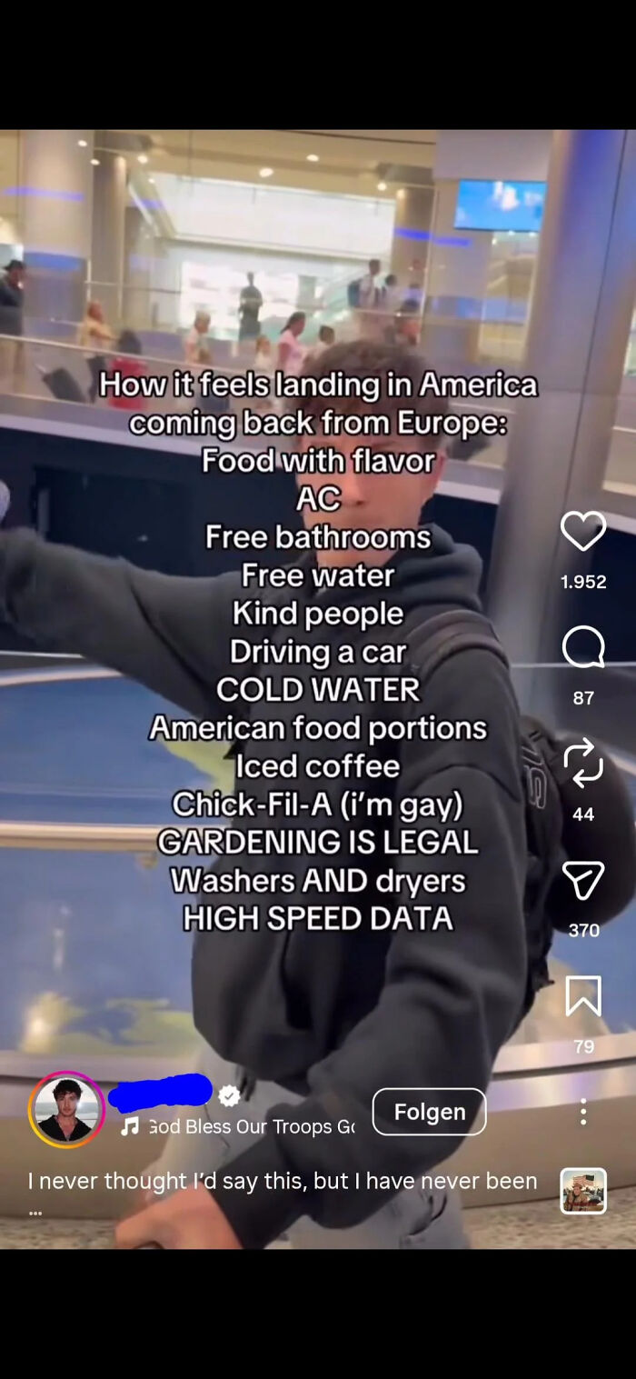 A screenshot of unhinged American experiences after returning from Europe, highlighting things like food with flavor and free bathrooms.
