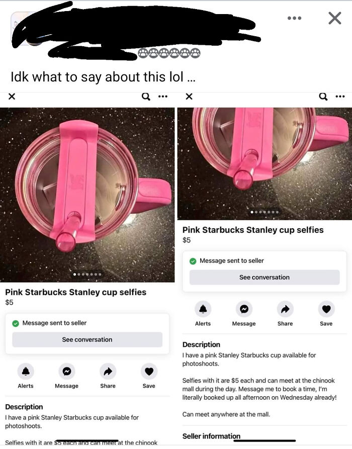 A social media marketplace listing offering selfies with a pink Starbucks Stanley cup for $5, reflecting a main character attitude.