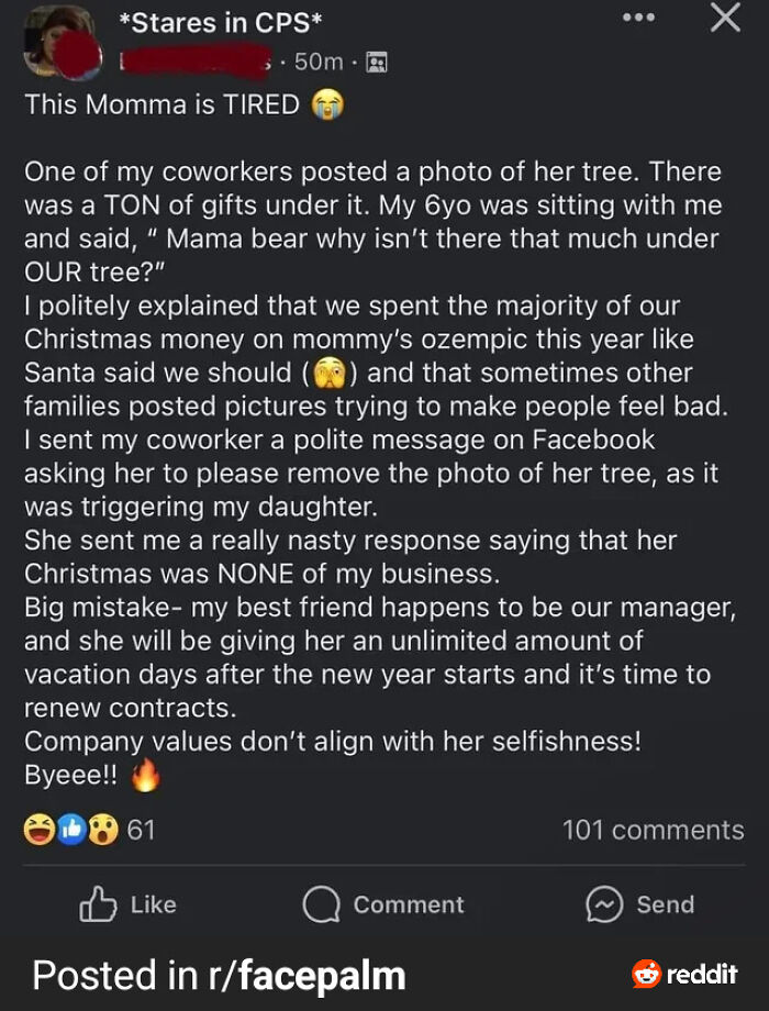 A social media post about a coworker's gift-filled Christmas tree causing envy, showing main character behavior.
