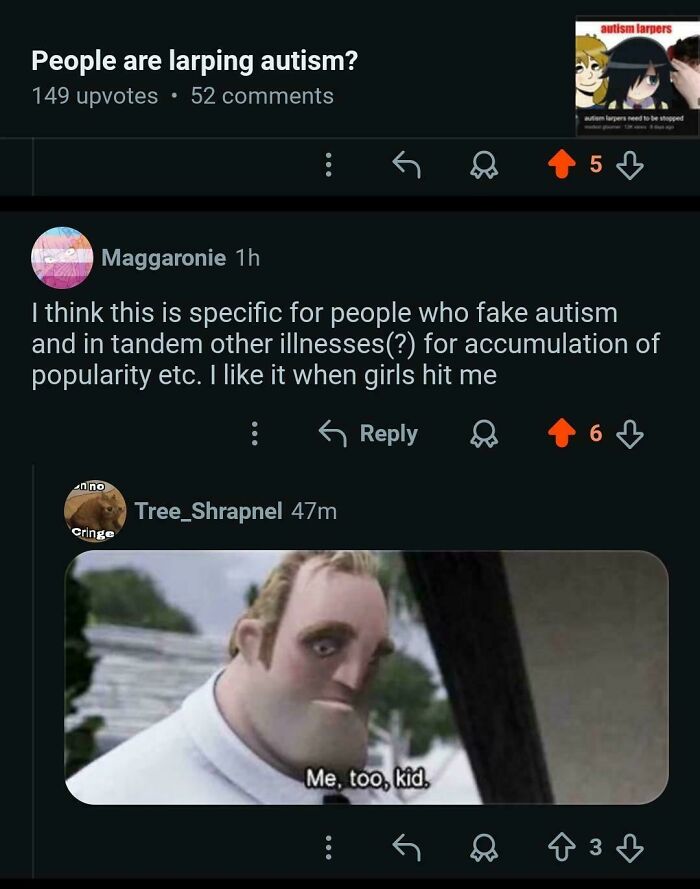 A screenshot showing an unhinged comment exchange about people faking autism and a Mr. Incredible meme.