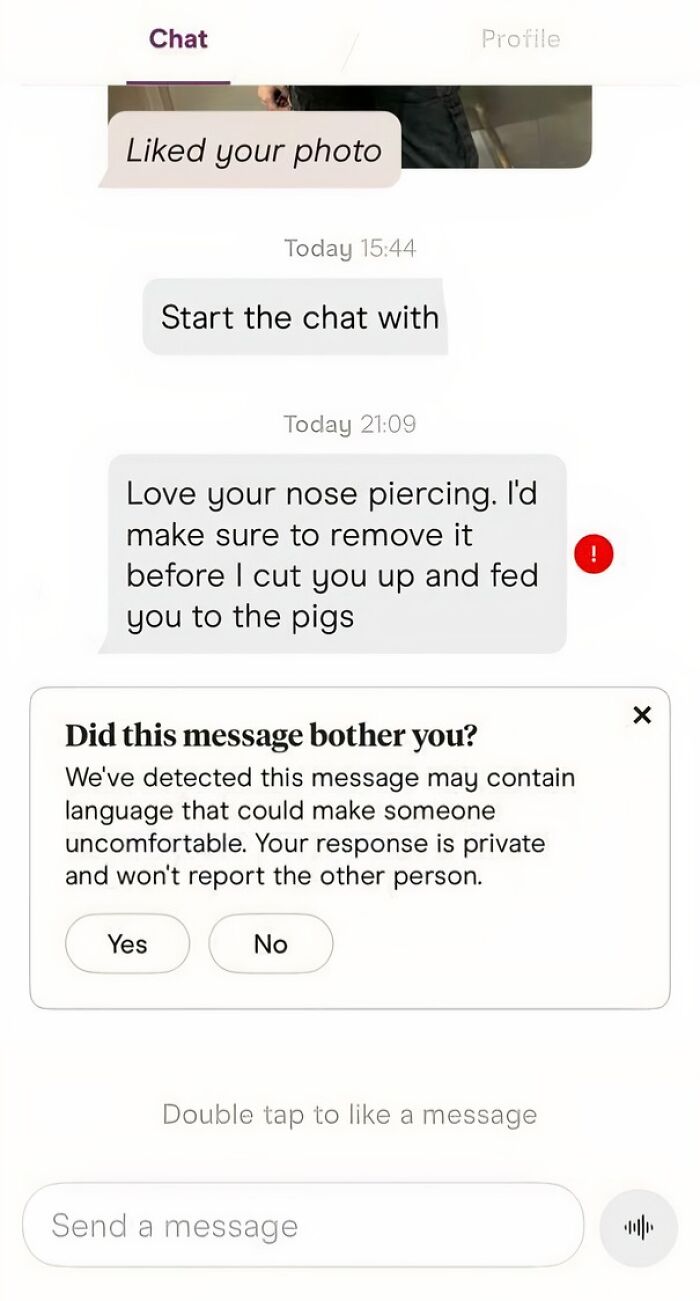 A screenshot of a dating app chat with an aggressive and disturbing message about nose piercings, highlighting bad dating texts.