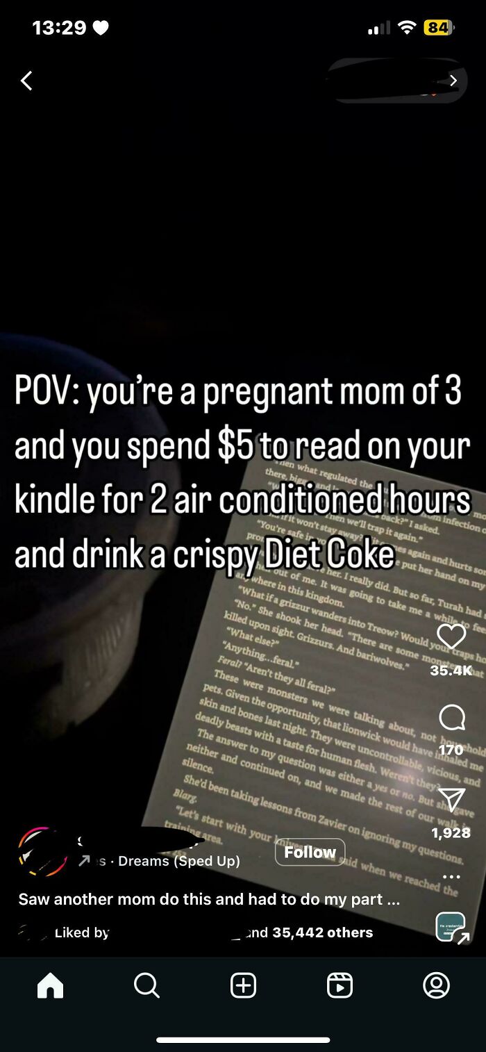 A pregnant woman reads a Kindle and drinks Diet Coke, exemplifying main character behavior.