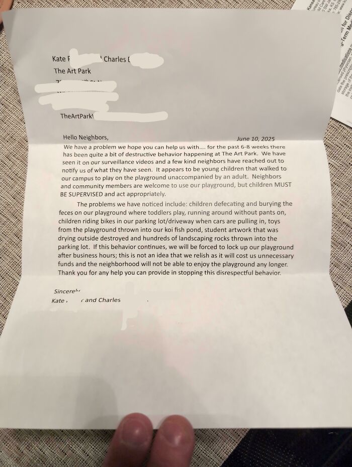 A letter detailing destructive behavior at a playground, highlighting people who think they are the main character.