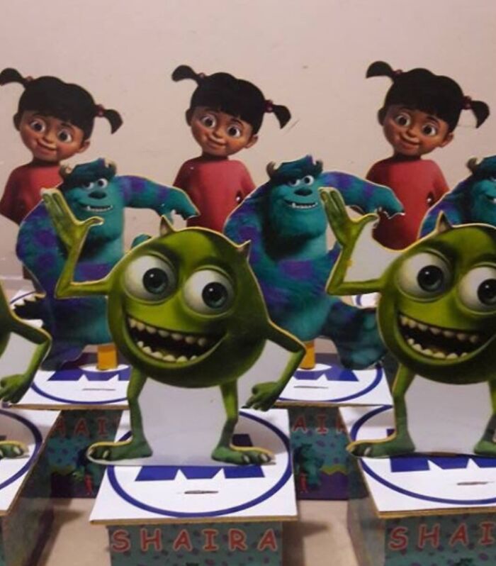 Monsters Inc. Mike Wazowski and Boo cutouts on party favors, an example of design fails.