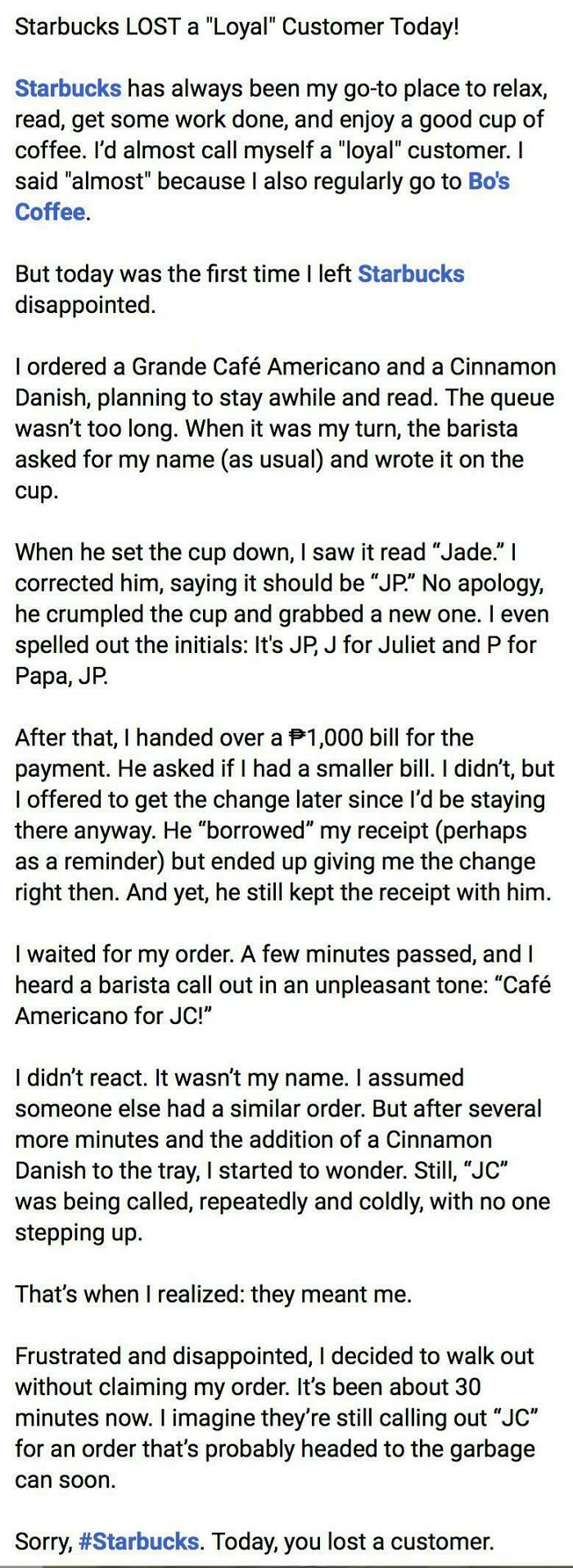 A screenshot of a story about a person who thinks they are the main character and is upset at Starbucks for messing up their order.