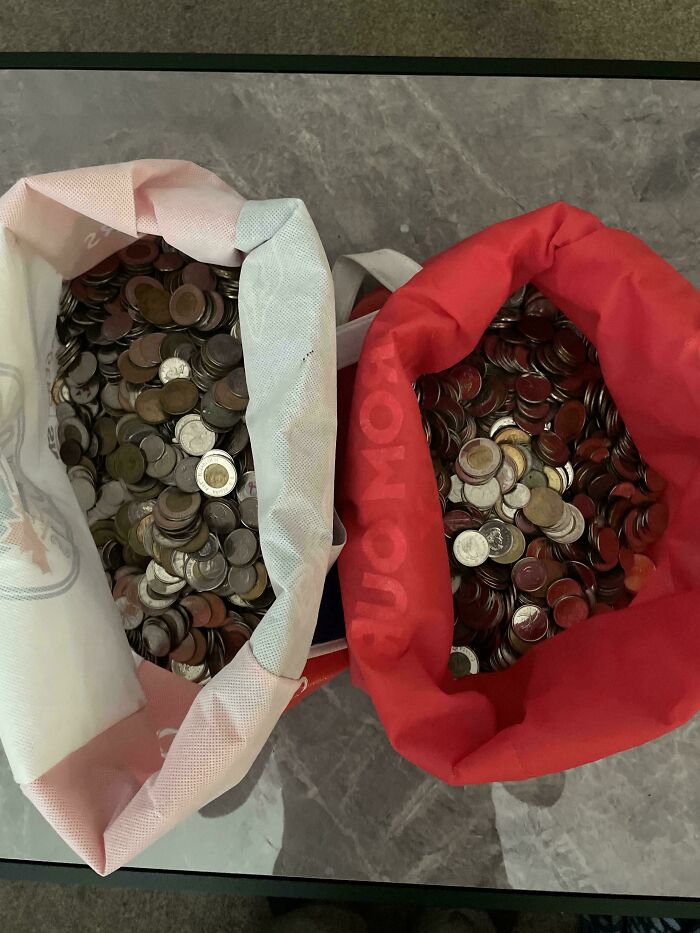 Two bags overflowing with coins, demonstrating people who think they are the main character.