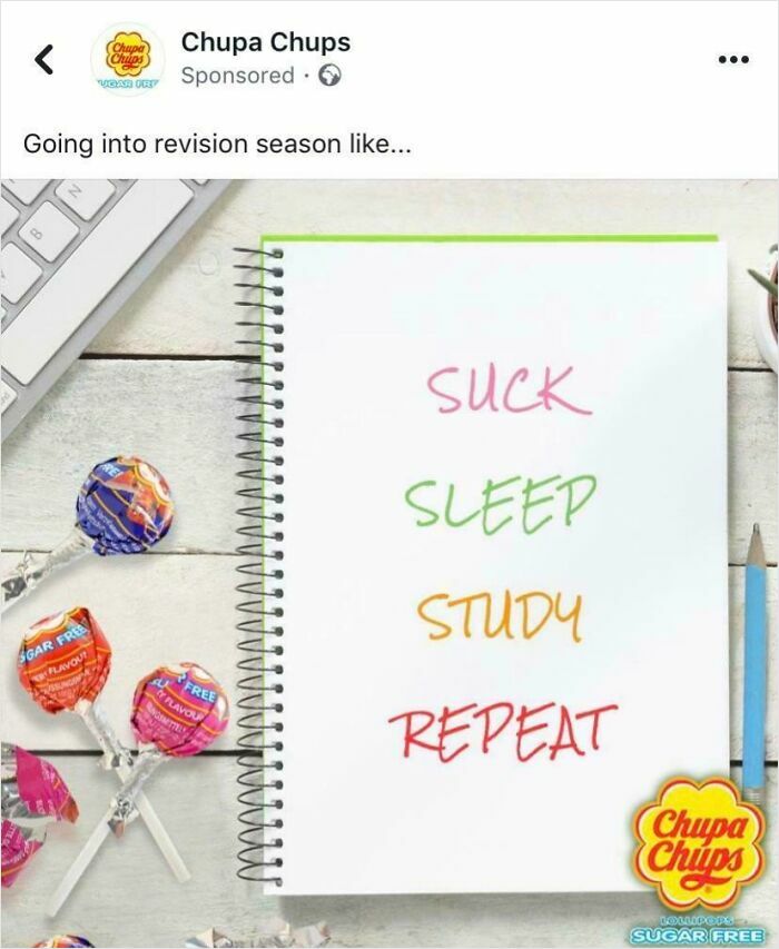 A social media ad with a design fail, showing a notebook with the phrase SUCK SLEEP STUDY REPEAT.