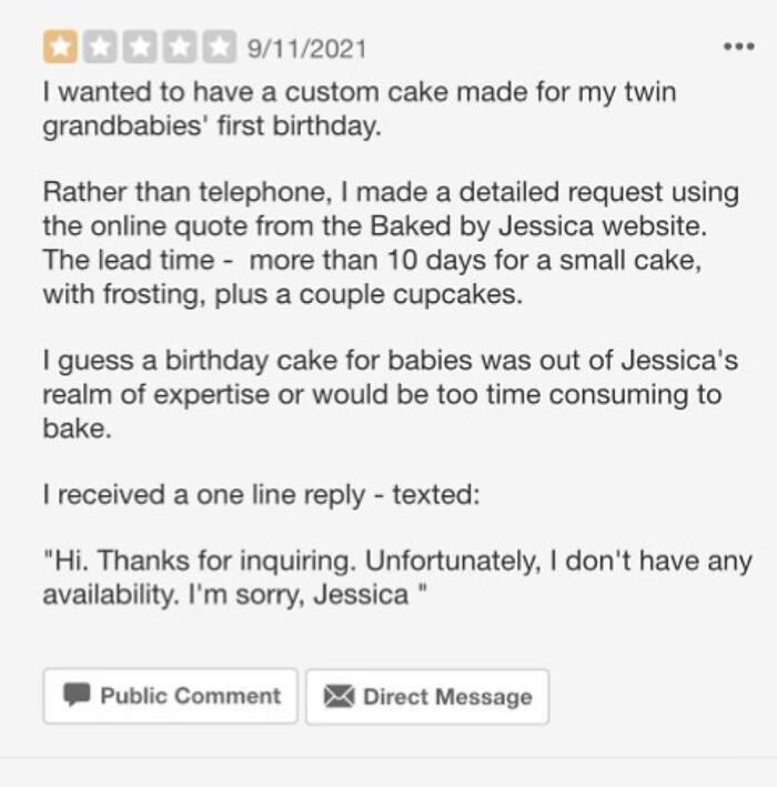 A negative review of a cake order, showing people who think they are the main character.